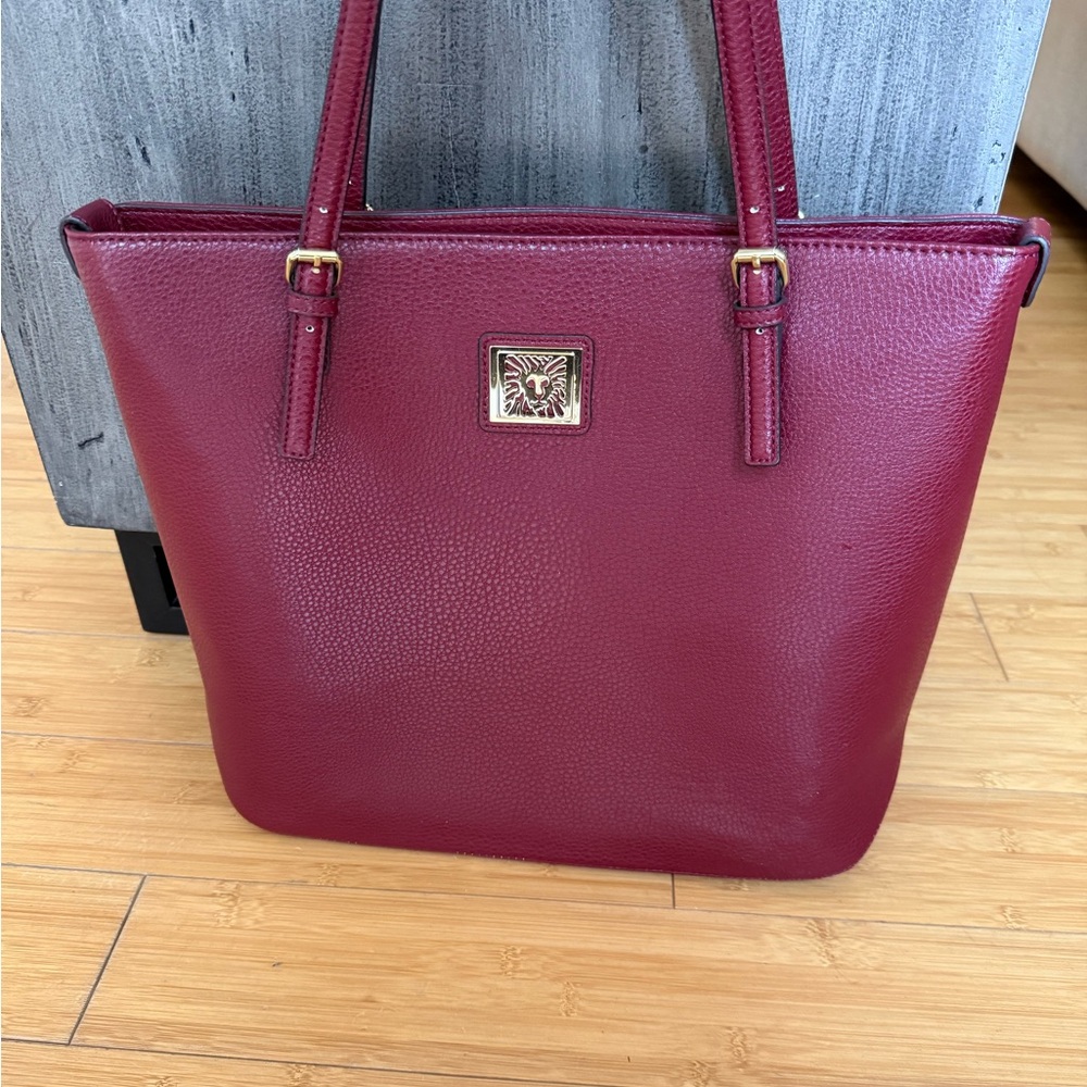 Anne Klein Burgundy Leather Tote with Gold Hardware